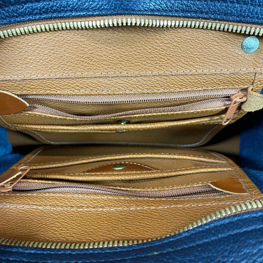Vtg Dooney Bourke All Weather Leather Cavalry Satchel Bag Navy British Tan Purse